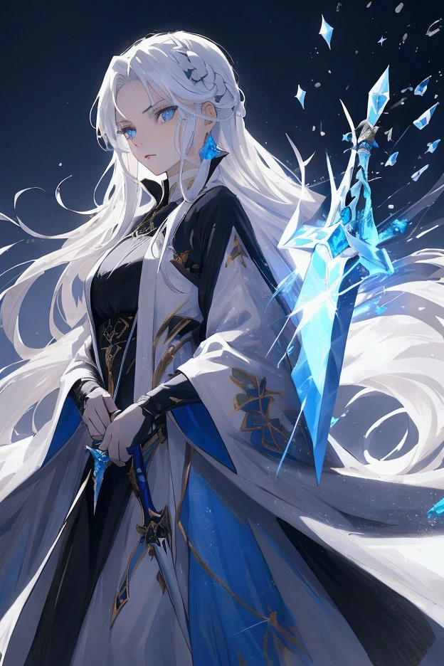 A woman, young, 19 years old, swordsman, long white hair, skin as white as snow, cold gaze, blue eyes like crystal, black clothes, white robe, cape, holding a crystal sword, background with blue lights.