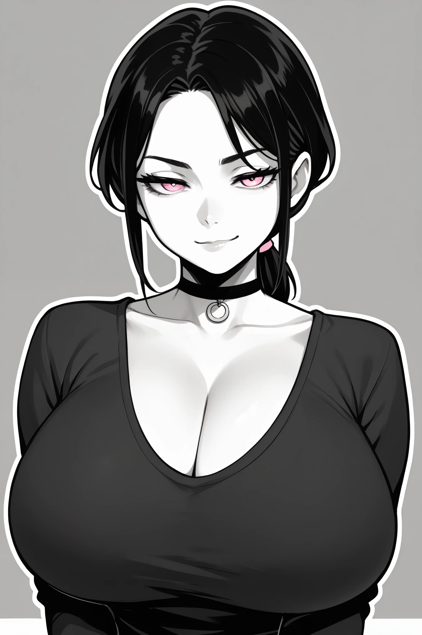 score_9, score_8_up, score_7_up, score_6_up, source_anime, 1girl, solo, leyley, black hair, low ponytail, short ponytail, pink eyes, pale skin, choker, black shirt, long sleeves, cleavage, monochrome, greyscale, outline, looking at you, huge breasts, smirk, upper body, portrait, grey background, half closed eyes, simple background
