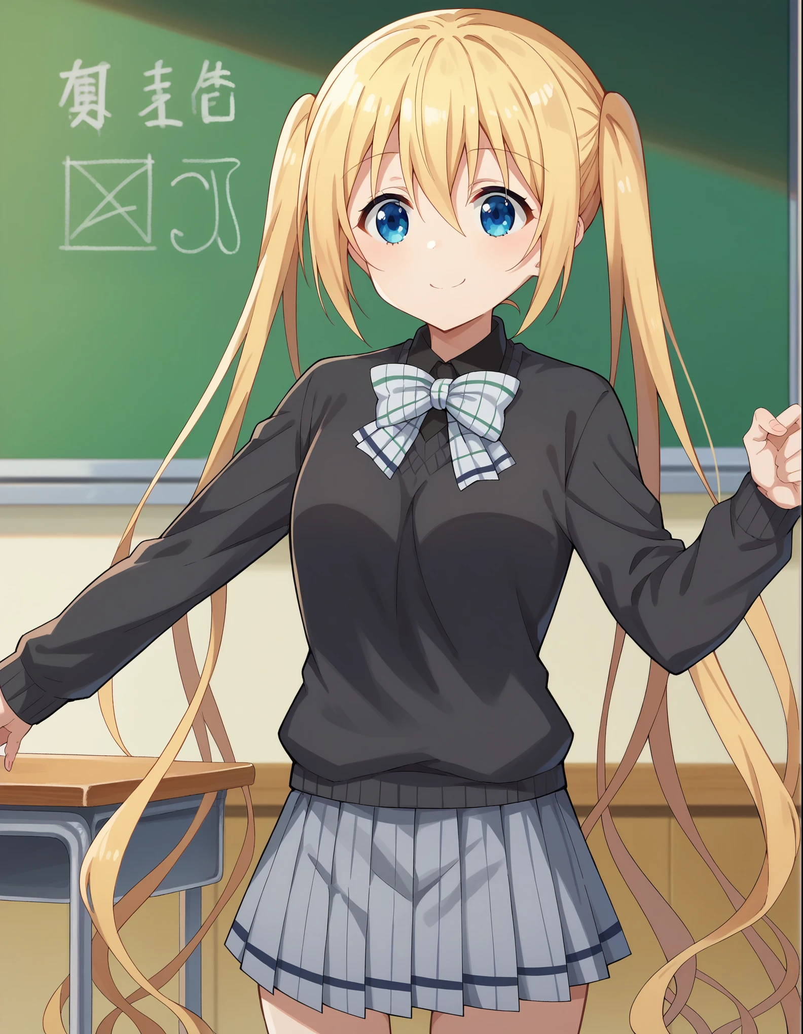  score_9,  score_8_up,  score_7_up, sauce_Anime,
Kahoshinata, Hinata Kaho,  blond hair,  blue eyes,  hair between eyes , Long Hair,  side lock,  Twin Tails, smile,
skirt, shirt,  long sleeve , bow,  School Uniform, pleated skirt, collared shirt, bowtie, sweater, Check pattern, black shirt, Check pattern skirt, grey skirt, black sweater, grey bow,
indoor, classroom,
 viewers, Dutch Corner,  ,  dynamic pose to cover your mouth with a bandage,