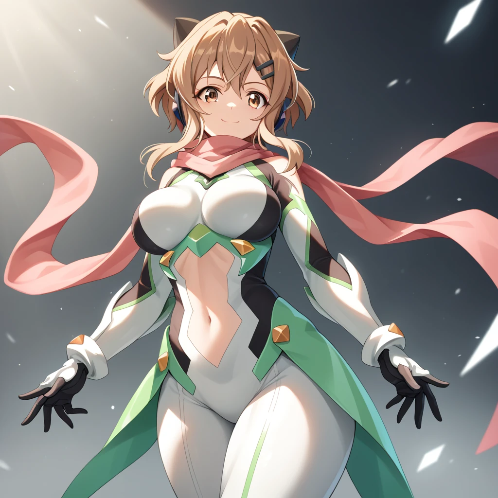 1girl, Solo, High Resolution, Masterpiece, High Quality, High Details, Anatomically Correct, 

best quality, expressive eyes, perfect face, perfect thighs, perfect anatomy, perfect breasts, perfect thighs, thighs, large breasts, solo, expressive eyes, perfect hands, perfect fingers, perfect anatomy, perfect hips, 

tachibana hibiki (symphogear), short hair, 1girl, brown hair, hairclip, brown eyes, gloves, headphones, scarf, gauntlets,(navel cutout), long hair, hugebreast,seductive smile, very long hair, thick thighs, bodysuit