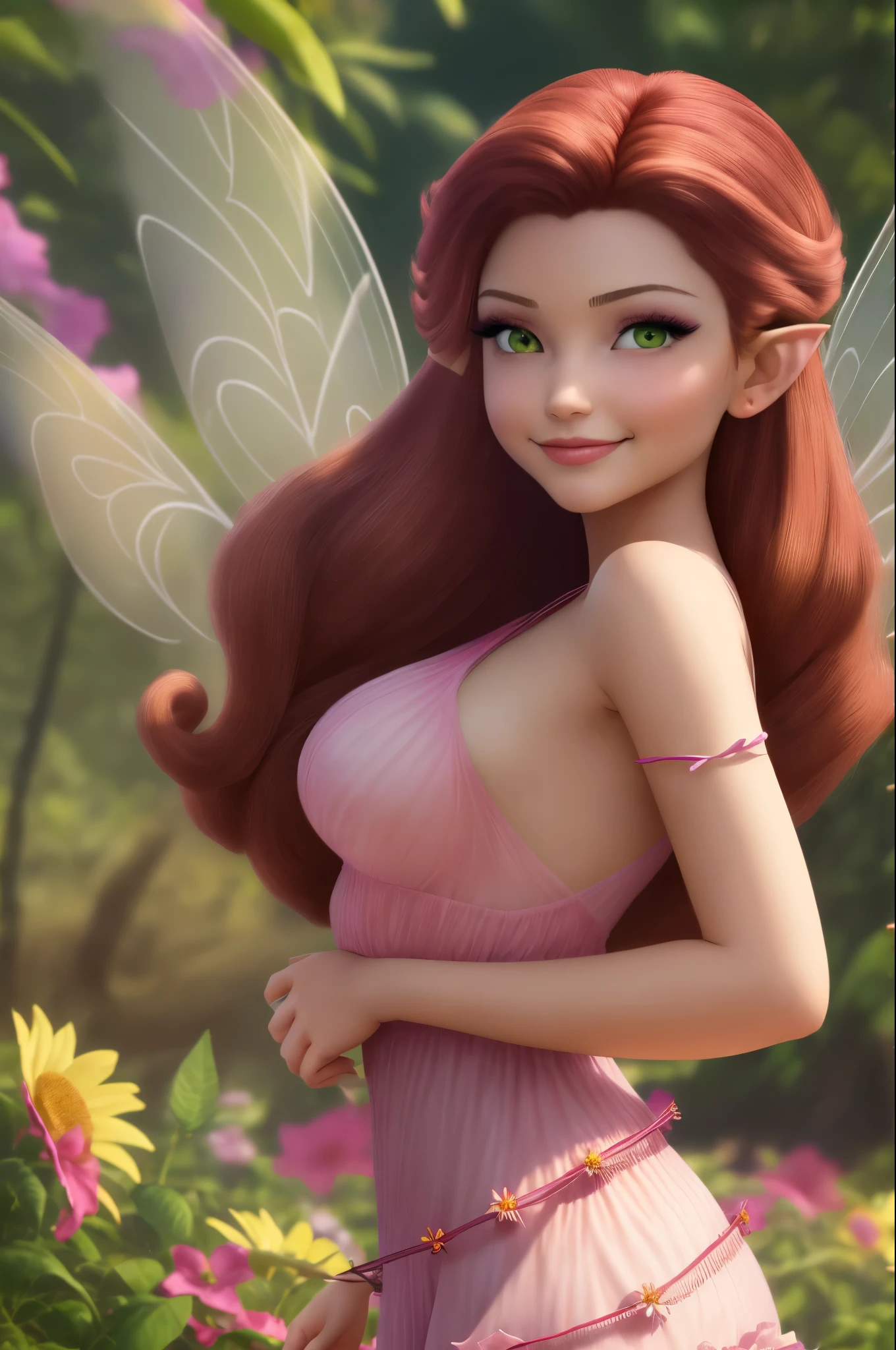 masterpiece, 8k, perfect ligthing, , adult, female, cowboy shot, looking at viewer, (body to the right), looking back, cinematic lighting, Rosetta, (RosettaWaifu:1.1), Hair curled at the ends, (dress:1.8), (extra long white fairy wings), long wings, pink clothes, clothes made from petals, Auburn Hair, (pointy ears), (detailled eyes), green eyes, emerald eyes, shrunken, (smirk:1.3),  blush,  pixiedust, jungle, ((flowers)),  