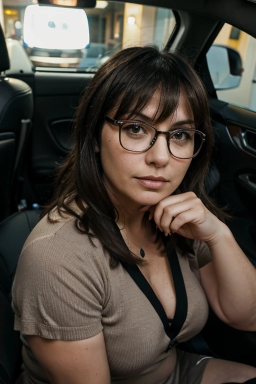 40 year old italian milf, chubby, bangs, glasses, dressed nice but provocative, backseat of car at nighttime.