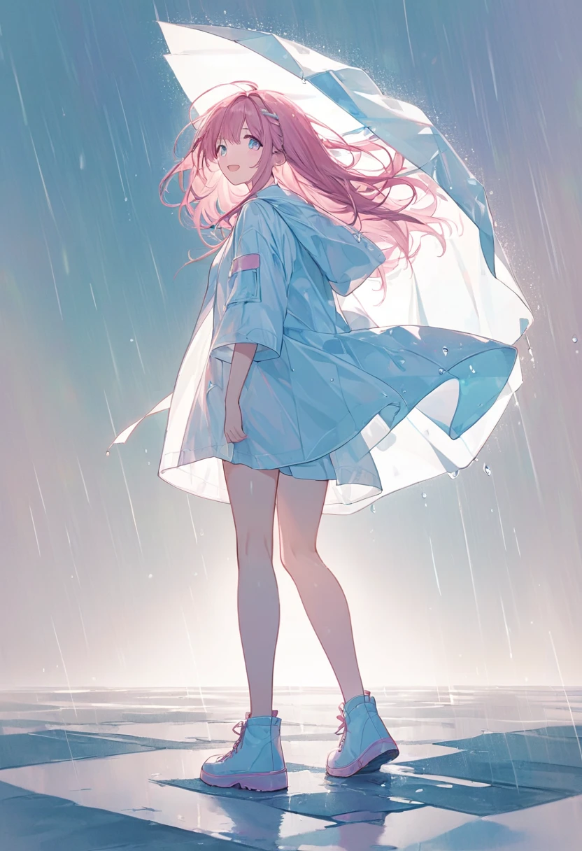 ((pastel))、1 woman,whole body,Woman looking back,Look this way,((Careful depiction)), gradation eyes ,Teary-eyed,Pink Hair, white t-shirt , falling apart raincoat, a step forward ,There is hope,Laughter,happiness, The background is a rainy day , Moderate Blur ,Light, strong vignette masterpiece ,Best Quality,Exquisite,8k, absurd, super detailed illustrations on white paper ,( Viewers )