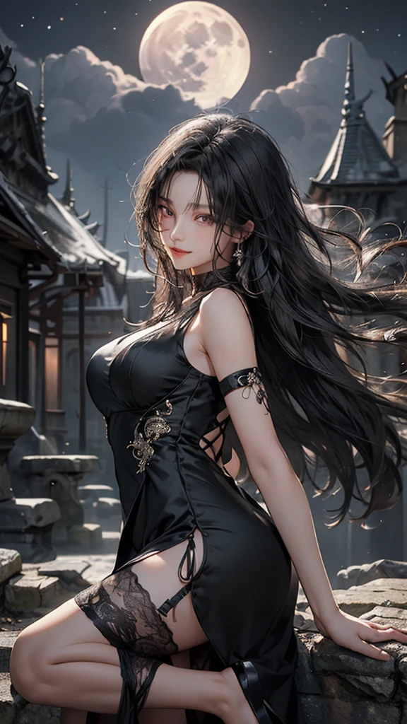 (32k:1.5, Highest quality, masterpiece, Ultra-high resolution), Perfect dynamic composition, Professional camera work:1.6, Very detailedな肌と顔の質感:1.3, Mysterious portrait:1.3, Very accurate, Very detailed, One Girl, ((Night view from the rooftop, The moonlight at night illuminates my body)), (Black Satin Nightgown:0.5), Incredibly slim body, Fair skin, Very beautiful face, Expressions of sadness, (Big eyes that exude beautiful eroticism:0.9, A dreamy look:1.0, I love you with all my heart:0.8, Please open your mouth a little, lipstick, Feel the beautiful eroticism:0.7), (Wet dark brown medium length hair), Candles, The chest is medium, Earrings, necklace, bracelet, Tilt, get up, ((attractive, Hair blowing in the wind))