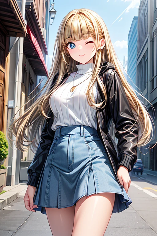 White girl, hair blonde, striped shirt, jeans jacket, Black tight skirt