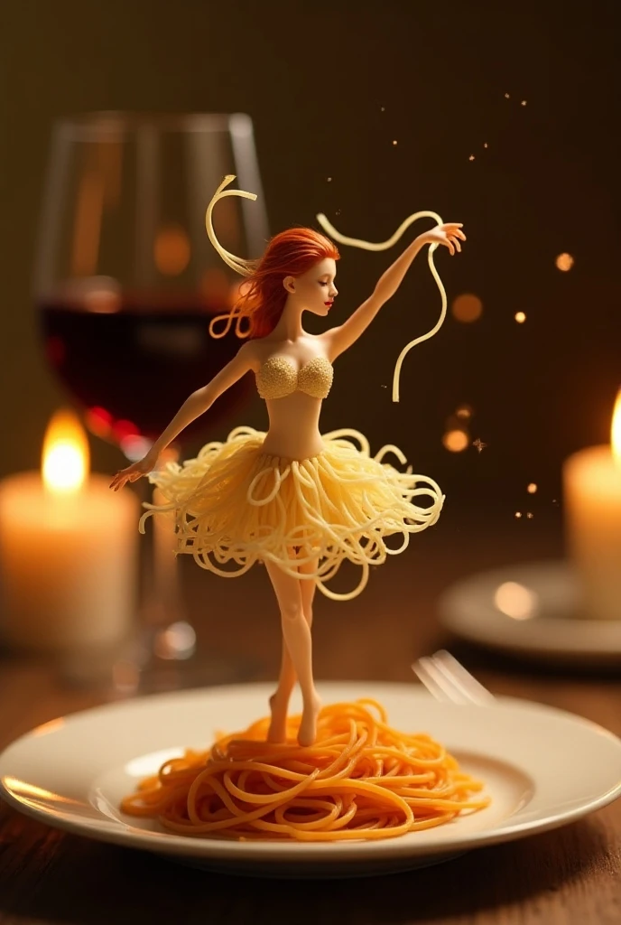 Create a whimsical and artistics scene featuring a single human-like figure made entirely of spaghetti. this figure should appear to dancing gracefully on a plate. The background should depict a cozy kitchen setting with warm, ambient lighting, creatinng a romantic and intimate atmosphere. include elements such as a glass of red wine and a beautifully set table to enhance the mood.