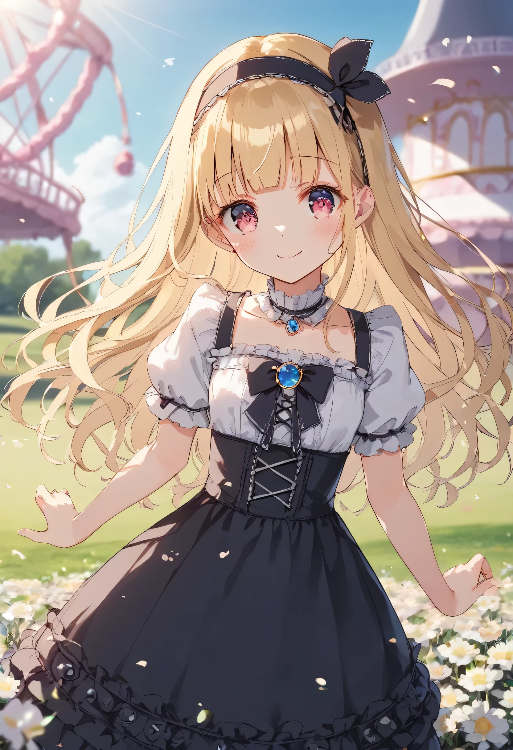 [    WAI-ANI-NSFW-PONYXL    :100],
score_9, score_8_up, score_7_up, score_6_up, score_5_up, score_4_up, masterpiece, best quality, source_anime,amusement park、merry-go-round、carousel、Ride a horse、
alone,cute 1girl,(****:1.2),blonde hair,straight long hair,blunt bangs,Black ribbon hairband,pink eyes,blush, smile,( crowns、princess clothes 、 pretend gothic dress), pastel hues,blurred edges,nostalgic mood,(dappled sunlight:1.2),blurry,(depth of field:1.1),Delicate rural landscape ,blue sky,arched back、 beautiful flower field on one side 、Look down and smile、 lift skirt 、(beautiful detailed eyes:1.7),Model Pose