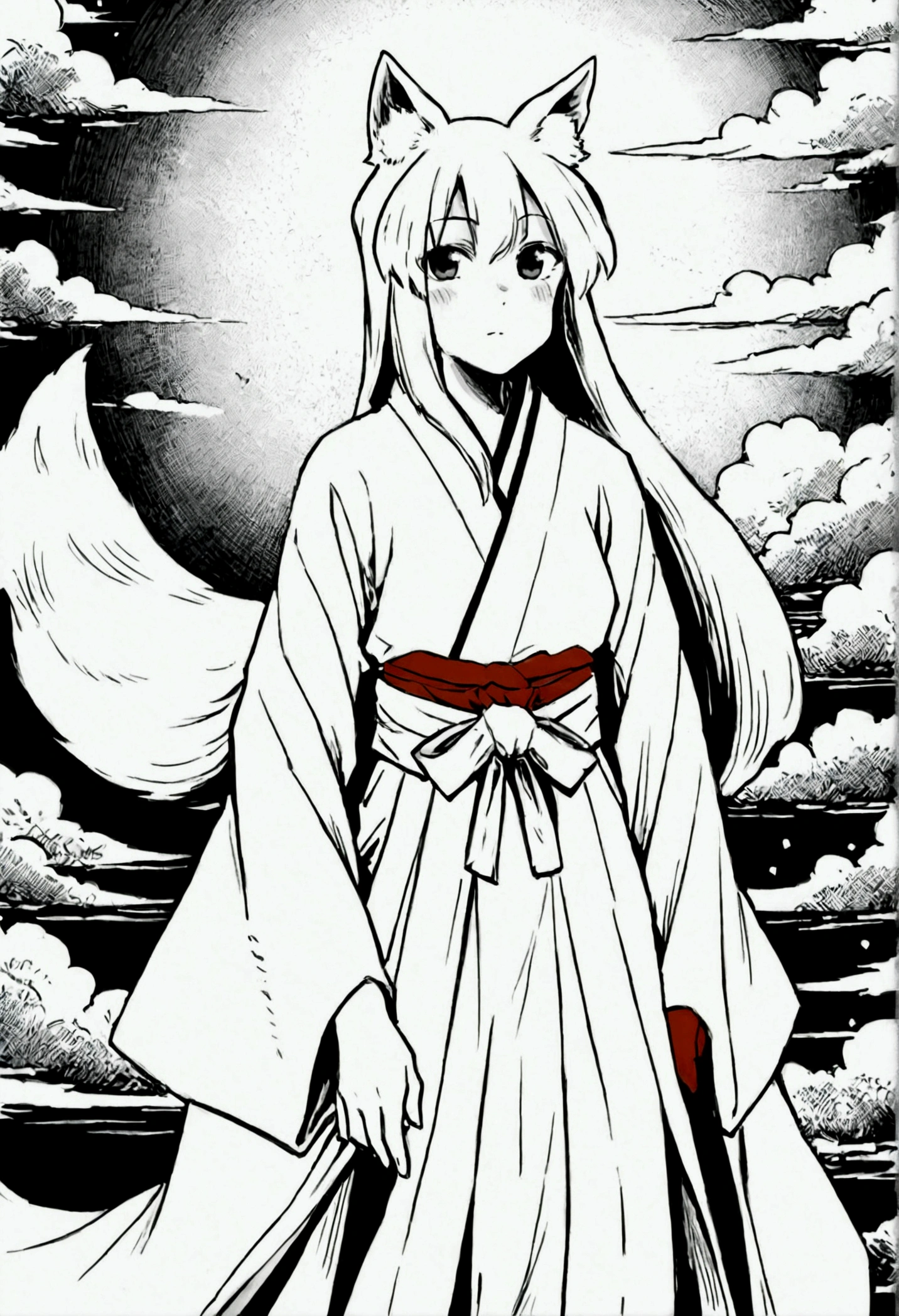 create a perspective image at the head point. A Kitsune Totally white, without color, who wears a HAORI, but not Japanese. he would be looking at the camera.