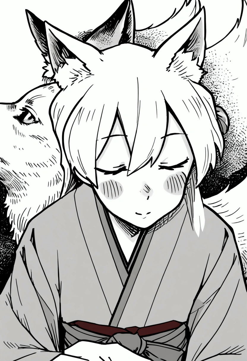 create a perspective image at the head point. A Kitsune Totally white, without color, who wears a HAORI, but not Japanese. he would be looking at the camera.