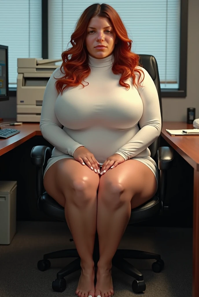 masterpiece, (photorealistic), (8k wallpaper) , (best quality), perfect quality, solo, (detailed eyes), girl, red hair, shirt curvy hair, very beautiful, (side view), young, pose: ((side view), sitting on chair, looking forward), face : (small smile, young, very beautiful face, plump face, double chin, plump cheeks, small smile, very beautiful, cute face, young, big eyes) , figure: ( very full body, very full figure, very curvy, very thicc, very thick, very chubby, chubby belly, chubby belly bottom, big deep navel, very soft, very curvy, love handles, sexy curves, wide hips, sexy, muffin top, very thick thighs, thunder thighs) , clothes : (tight black dress, black tights)