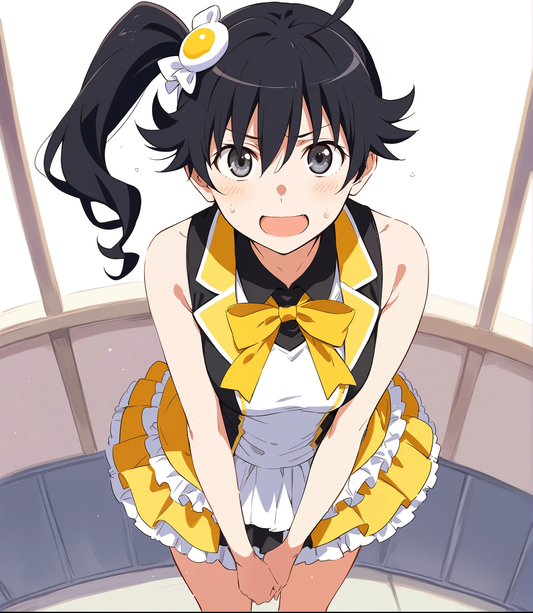 1girl, araragi karen, monogatari \(series\),black hair, hair between eyes, side ponytail, foreshortening, grey eyes, egg hair ornament,, looking at viewer, swept bangs, solo, full body, microphone, standing, (pov:1.5), (idol, idol clothes, Idol Costumes:1.5), Hold the microphone in your hand, excessive sweat, glare, happy, pov, outdoor, day, school, rooftop, public indencency, (people:0.8), On stage, jump, ,best quality, great quality, very aesthetic
