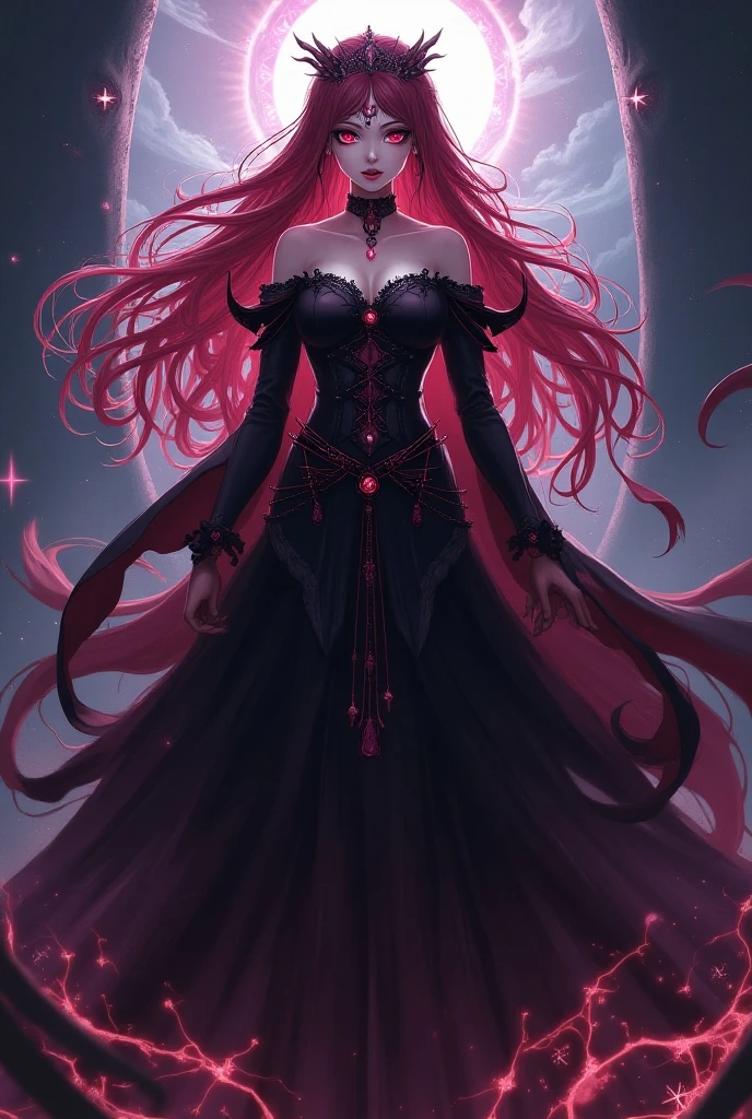 1girl, Female demon with very long pink hair walking through the abandoned cathedral in a black long ball dress, busto e seios enormes, pequenas particulas de luz voam. (Super detalhado) (realista) (sexy)