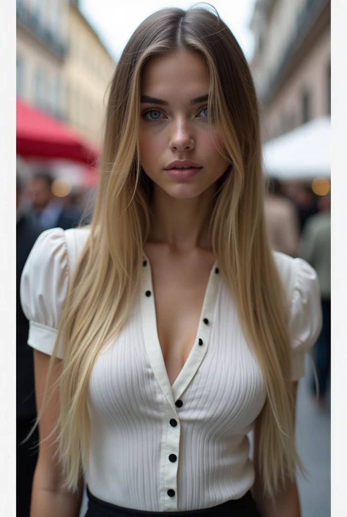 (Masterpiece, best quality, award winning, photorealistic, fashion photography, portrait shot), stand pose, 1 gorgeous young blonde pretty girl, slender appearance, attractive slim body, cleavage, messy hair, delicate beautiful face, smirking, (wearing (tight white button-down shirt), rip shorts), outdoor, bridge rail, river, city view, soft light