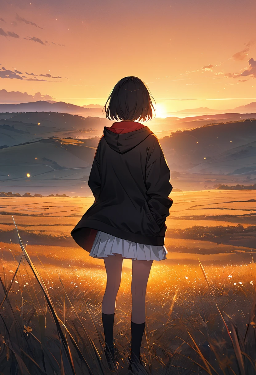 anime、(( Surprisingly Absurd )),(masterpiece:1.2),超 high resolution on down,  attention to detail, High image quality,  high resolution on down, 最High image quality, 4K, 8k、 woman putting her hand in a pocket、 in the middle of the plains 、 standing alone 、 is crying、red、Illuminate、Hope is the theme、Emphasis on women、 woman with a bright back 、short hair、Black Hair、 black hoodie 、 white miniskirt、A gentle face、Look this way、kind、dawn、Akatsuki、The horizon shines 、Orange