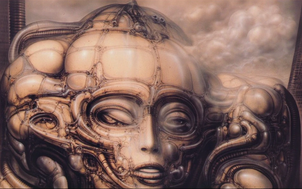 HRGGR, The image is a detailed view of H.R. Giger's biomechanical tableau \" LANDSCAPE No 312 \" plate, featuring ( Giger's is a fantasy-style illustration of a complex, intricate mechanical structure, resembling a futuristic city or fortress, with a central spiral design and multiple levels and towers, reminiscing Boeklin painting ), (best quality:1.4).The piece is a tableau, most likely created with a India ink pen or pencil on paper, determined by the thin lines, shading techniques, and the texture of the paper, which is visible around the edges. Used is pen, given the shading and variations in line weight visible in the image. Artist have used a variety of stylus with different degrees of hardness to achieve the shading effects. The use of undersaturated green-grays dark contrasts creates a stark and graphic look. Is used a variety of linework techniques to create different textures. Fine, parallel lines create a smooth, metallic texture,while thicker, more cursive lines suggest cables or wires. Light source from the top highlights skeletals, pper part of foreground, lower part of image is in shadowupper part of foreground, lower part of image is in shadow. The art performance showcases the artist’s skills in observation and rendering. The level of detail in the piece suggests a close study of real bone specimens and mechanics. The artist has skillfully used shading techniques to create a convincing illusion of three-dimensionality on a flat surface. The wrinkles and cracks in the surface, and the cast shadows with accuracy, used shading techniques to create a realistic depiction of light and shadow on the objects. This creates a sense of depth and dimension in the image. The artist has used careful linework to depict the contours and textures in the piece Sharp focus on foreground elements illustration. Deep and delicate DOF. Big painting. Stored in Louvre masterpiece, ooze soaked pajama top