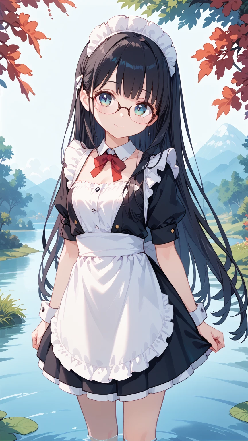 Black Hair, long hair,Glasses,  maid clothes,Lake Yamakami ,湖畔の別荘,  high resolution on down  , 最高quality, Accurate, 高quality, quality,   very detailed,
