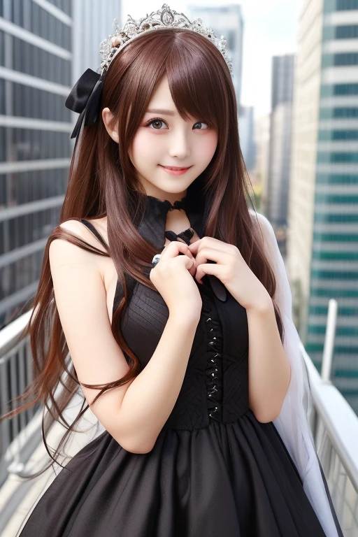 Japanese model in a black dress posing in front of the city, anime girl cosplay, anime cosplay, Gorgeous cosplay,  gothic pretty girl anime girl , elegant glamourous cosplay,  beautiful anime style ;glamourous cosplay, Professional Cosplay,  looking at camera、Detailed and beautiful eyes、Cute smile、 soft and gentle expression 