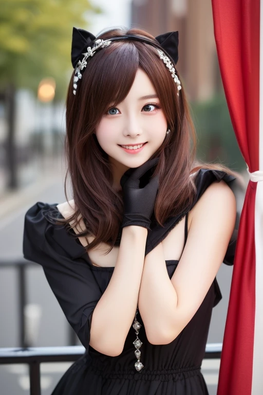 Japanese model in a black dress posing in front of the city, anime girl cosplay, anime cosplay, Gorgeous cosplay,  gothic pretty girl anime girl , elegant glamourous cosplay,  beautiful anime style ;glamourous cosplay, Professional Cosplay,  looking at camera、Detailed and beautiful eyes、Cute smile、 soft and gentle expression 