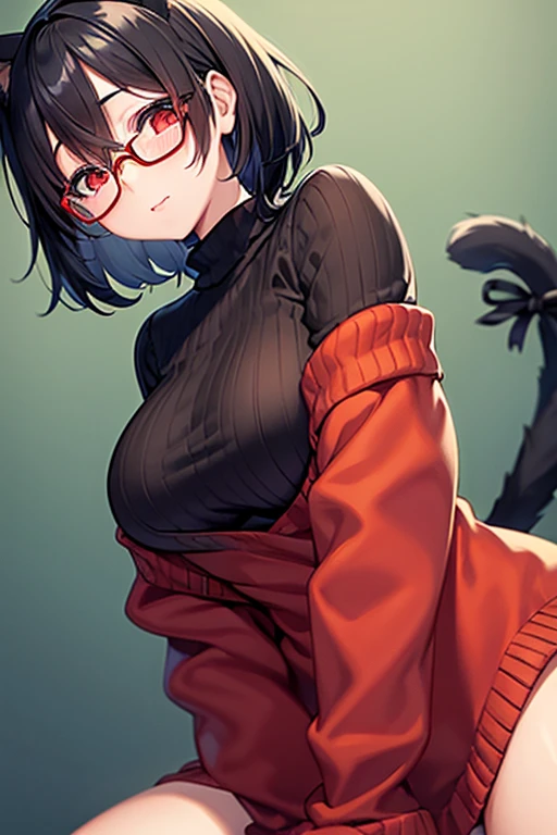 1 girl smiling, golden eyes, pink and black hair, short hair bob cut, big breasts, underboob, under boob, thick thighs, chubby, crop top, mini skirt, thigh stockings, glasses, choker, forest background