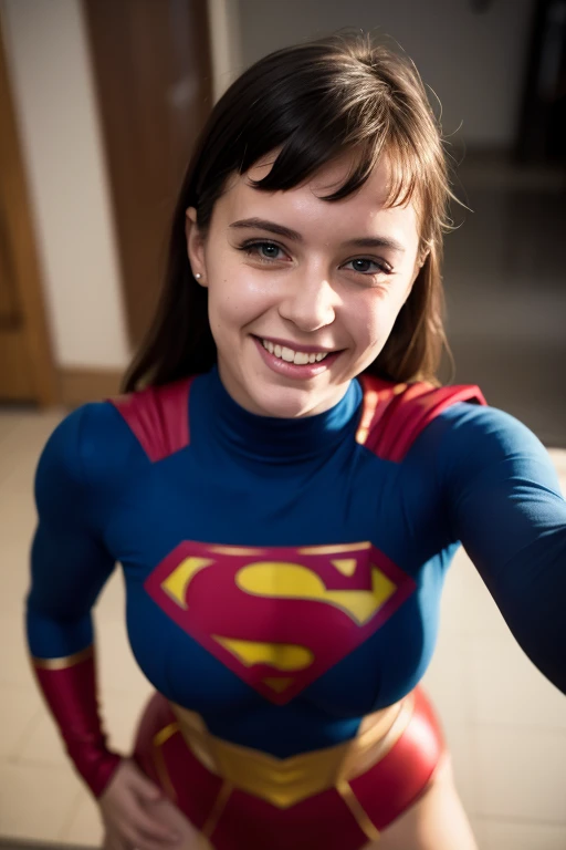 Portrait photography, woman in Supergirl costume, shy smile, sagging breasts:1.1, femboy, POV, eye contact, sharp focus, soft lighting (high detail skin:1.1)