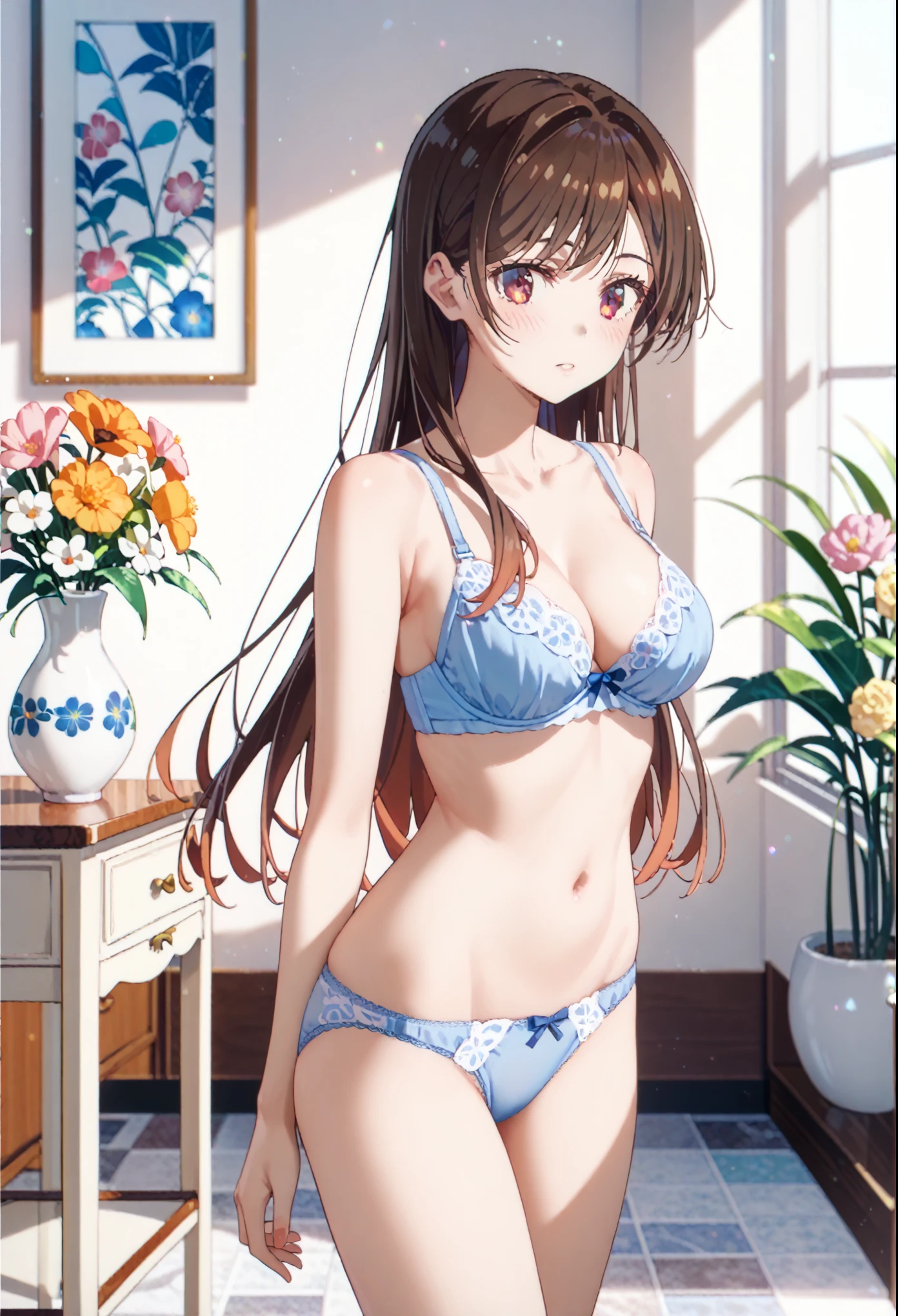 score_9, score_8_up, score_7_up, source_anime,1girl,multicoloed flowers,big vase,marble floor ,nude,underwear,,blue Bra,blue panties,flower stand,underwear only,spacious room,chizuru_mizuhara, long hair, bangs, brown hair, brown eyes, medium breasts,