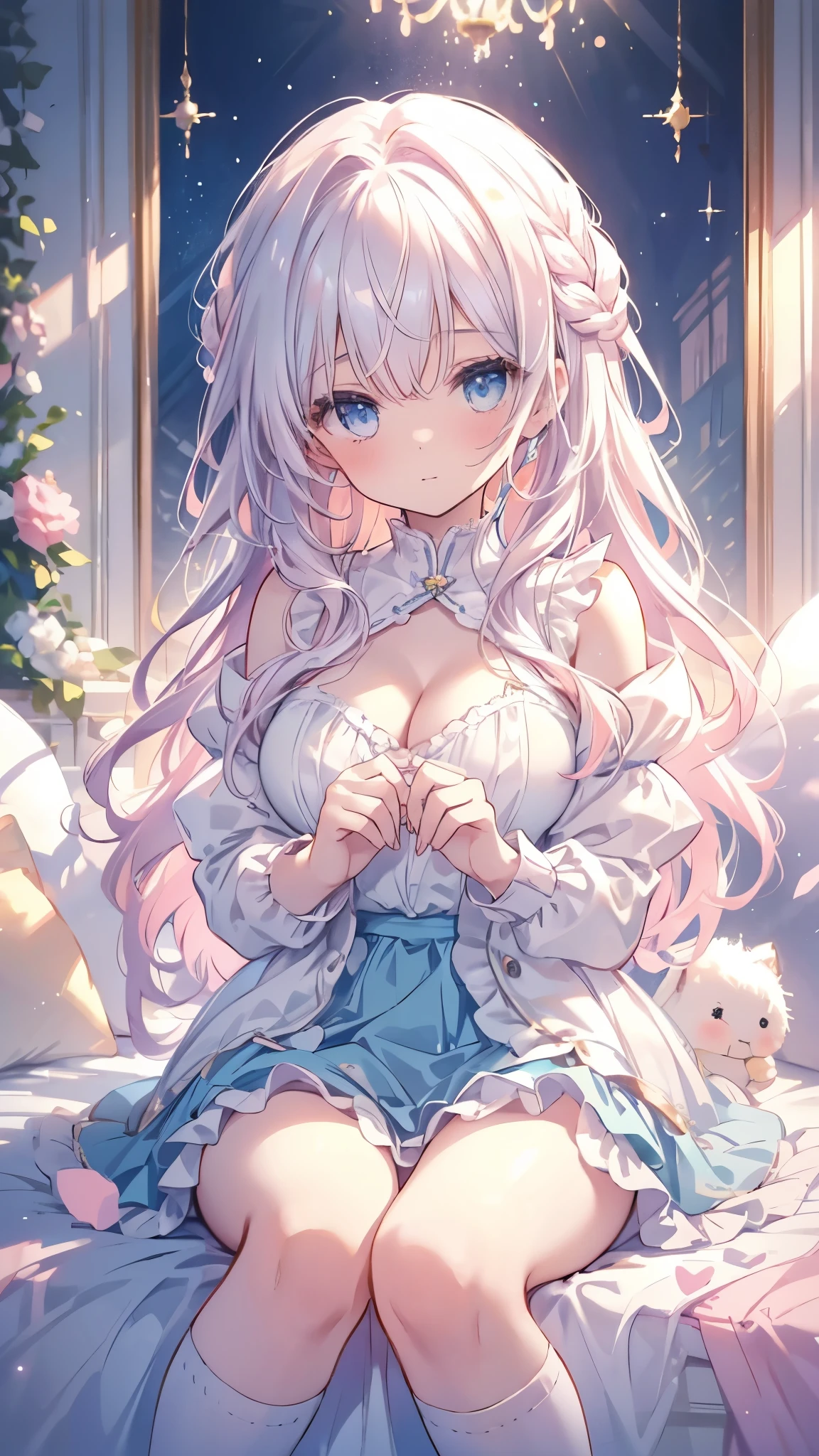 masterpiece, best quality, Very detailed, illustration, Beautiful and delicate eyes, close up, A girl. White hair, Pink bow, White pajamas. Crouching on the floor, searching through the clothes basket,Huge Breasts