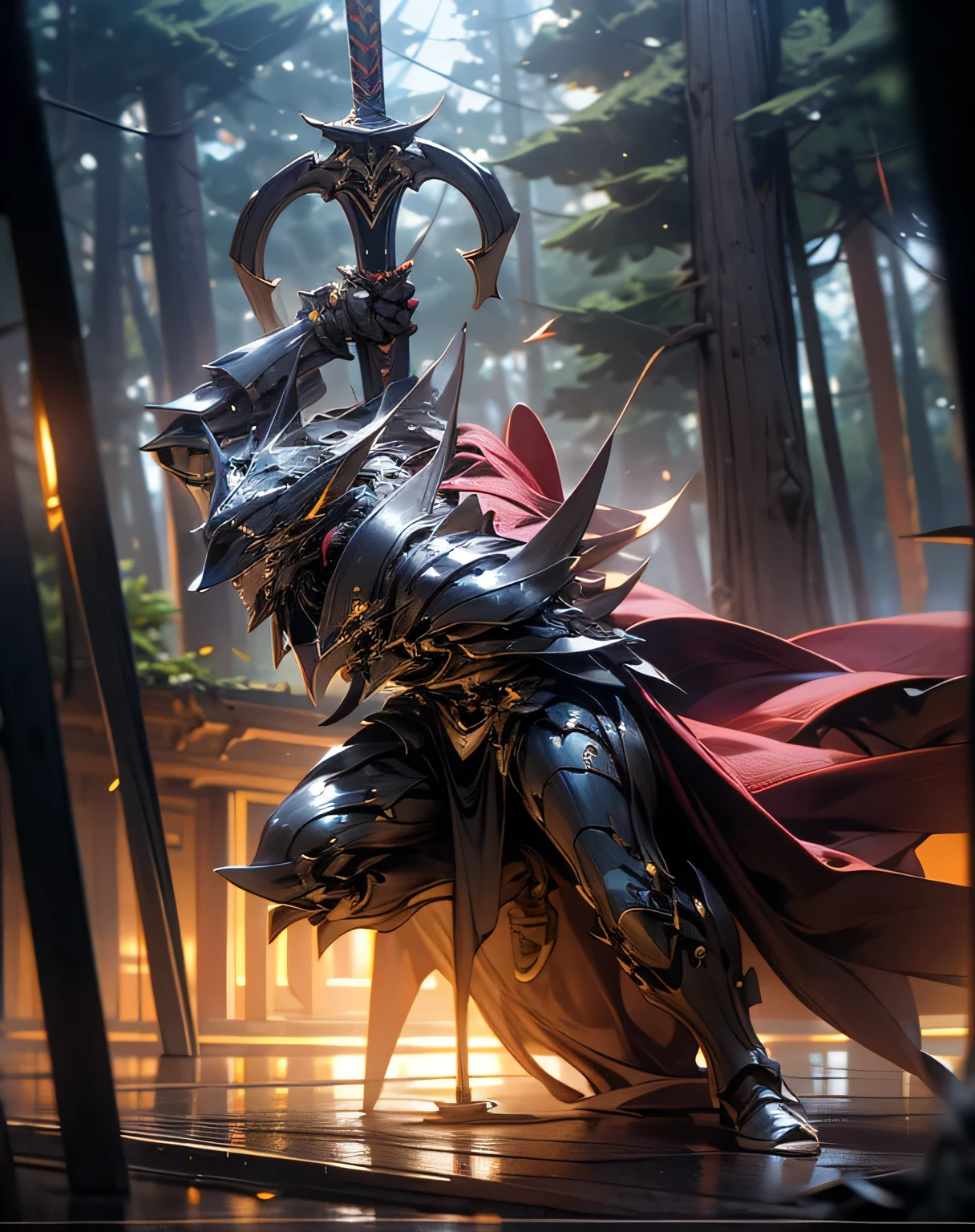 A man wearing shining black exo armor is acting violently in the woods, rendered in Unreal Engine 5 , Black Octane Rendering, Super detailed with octane rendering , rendered with 8K Unreal Engine , rendered with Unreal Engine 6 , streamlined armor , high detail iconic characters , 8k octane rendering photorealistic , Unreal Engine 5 rendering , rendered with Unreal Engine 5 , Doing dynamic movements using the whole body , Alone, Wearing a red cape fluttering in the wind , Manipulating a sword with telekinesis, Towering Tree 々, sunset