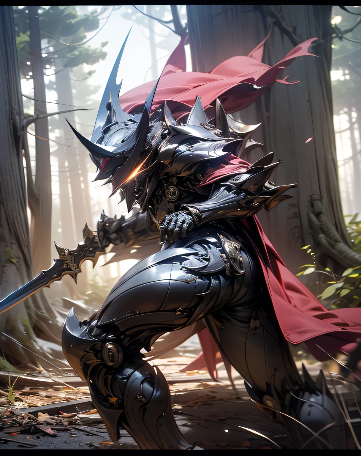 A man wearing shining black exo armor is acting violently in the woods, rendered in Unreal Engine 5 , Black Octane Rendering, Super detailed with octane rendering , rendered with 8K Unreal Engine , rendered with Unreal Engine 6 , streamlined armor , high detail iconic characters , 8k octane rendering photorealistic , Unreal Engine 5 rendering , rendered with Unreal Engine 5 , Doing dynamic movements using the whole body , Alone, Wearing a red cape fluttering in the wind , Manipulating a sword with telekinesis, Towering Tree 々, sunset