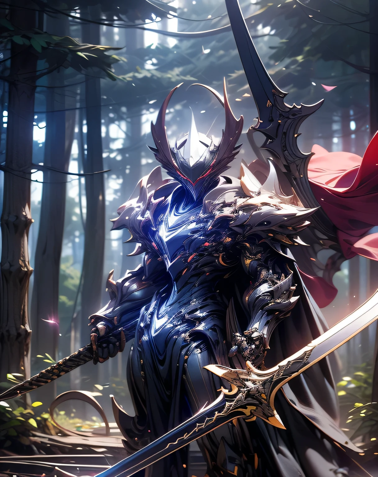 A man wearing shining black exo armor is acting violently in the woods, rendered in Unreal Engine 5 , Black Octane Rendering, Super detailed with octane rendering , rendered with 8K Unreal Engine , rendered with Unreal Engine 6 , Streamlined red armor , high detail iconic characters , 8k octane rendering photorealistic , Unreal Engine 5 rendering , rendered with Unreal Engine 5 , Doing dynamic movements using the whole body , Alone, Wearing a red cape fluttering in the wind , Manipulating a sword with telekinesis, Towering Tree 々, (black chest, black shoulder, black arm, black leg)