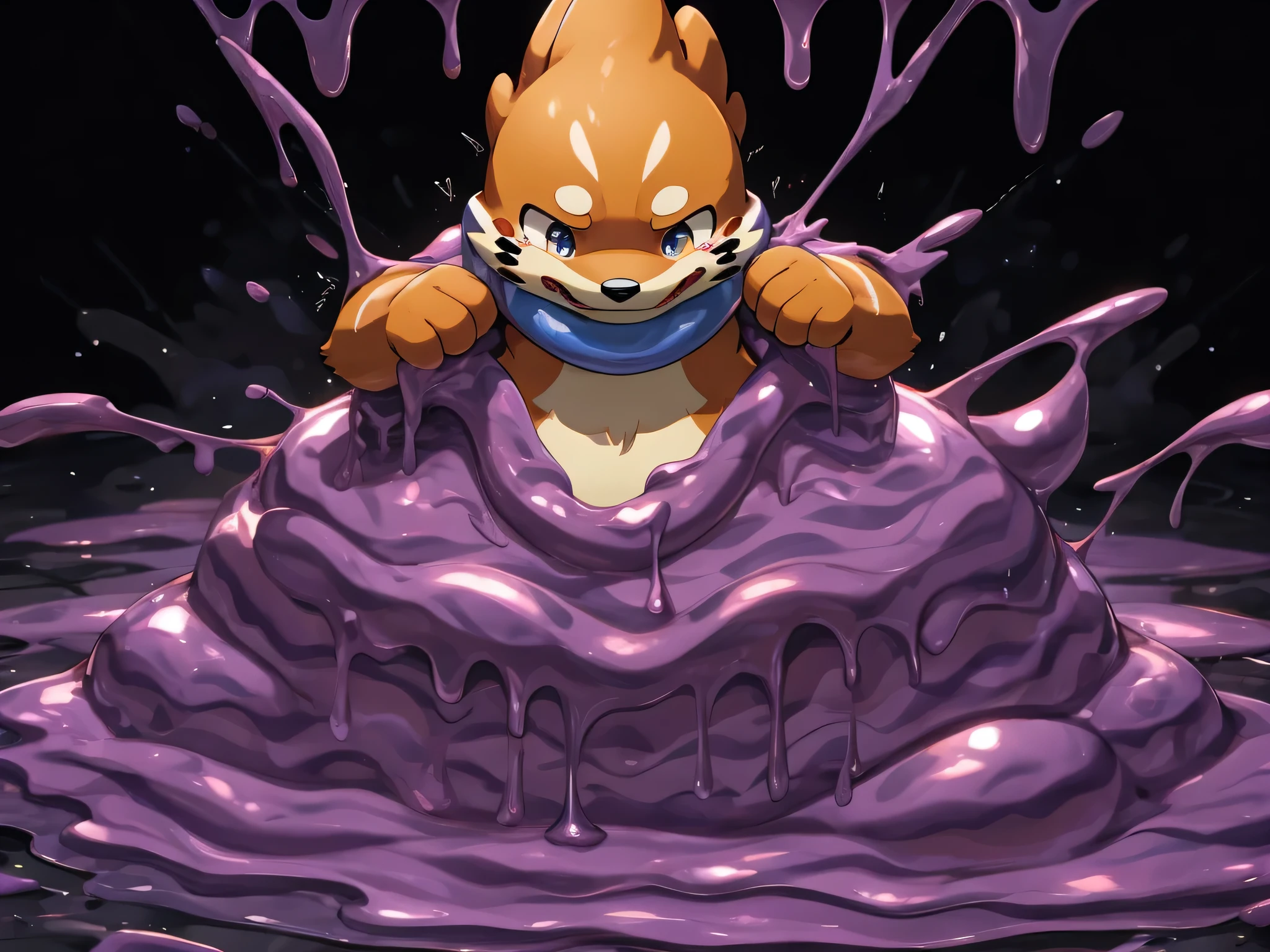 4k ultra quality, 4k full body view,masterpiece quality,young Buizel is buried in muk,young buizel very pained expression,tears in eyes,young buizel dominated by big muk,young buizel eaten by muk,vore,dripping with goo,mucus,large monut of goo,The entire screen is filled with goo,black background