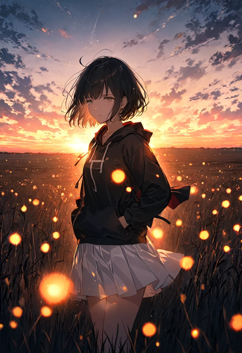 anime、(( Surprisingly Absurd )),(masterpiece:1.2),超 high resolution on down,  attention to detail, High image quality,  high resolution on down, 最High image quality, 4K, 8k、 woman putting her hand in a pocket、 in the middle of the plains 、 standing alone 、 is crying、red、Illuminate、Hope is the theme、Emphasis on women、 woman with a bright back 、short hair、Black Hair、 black hoodie 、 white miniskirt、A gentle face、Look this way、kind、dawn、Akatsuki、The horizon shines 、Orange