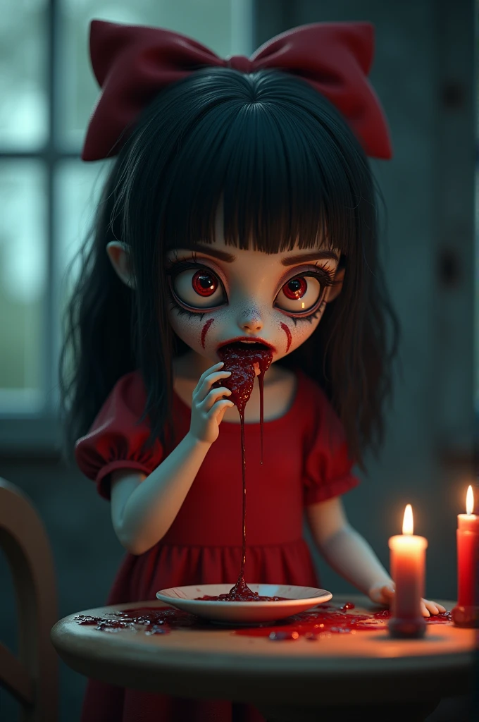 decapitated female head on a plate, covered in flesh, full of blood, ((eyes closed)), served like a food dish, bloody, photorealistic, 4K, Nikon, horror, ahegao face