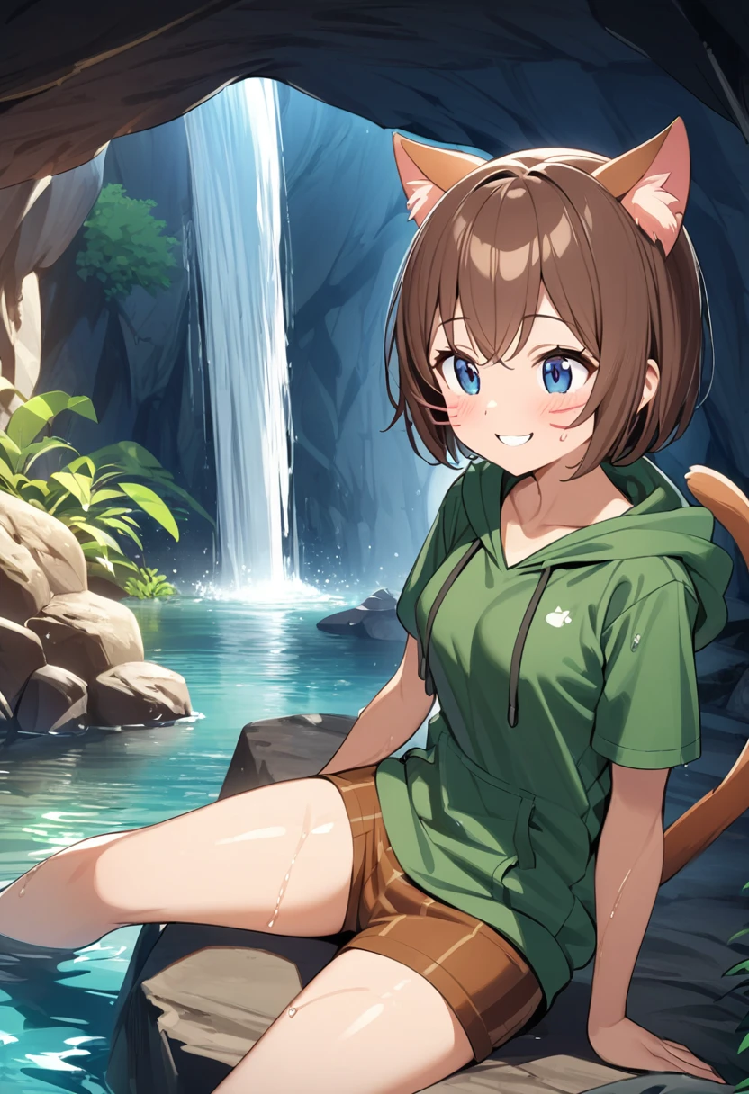 Best Quality、  one girl playing pranks、Slender body、  small breasts、  shiny brown hair 、 3 red whiskers pattern 、  short bob、 Cat ears and tail、 dark blue eyes、light brown skin、Proud look、green hooded traveler's clothes、Brown hot pants、cave、Waterfall water、Wet、smile