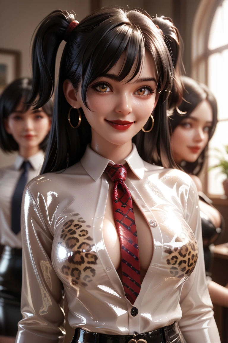 realisticlying、18 year old girl、Face Real、Large-scale depiction of human figures、portrait closeup、、Emphasis on the knee buttocks(Wearing a full-body leopard print bodysuit、Wavy black hair、The face smiled、Theater stage、Sexy Posing