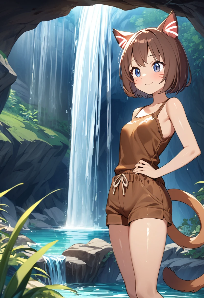 Best Quality、  one girl playing pranks、Slender body、  small breasts、  shiny brown hair 、 3 red whiskers pattern 、  short bob、 Cat ears and tail、 dark blue eyes、light brown skin、Proud look、green hooded traveler's clothes、Brown hot pants、cave、Waterfall water、Wet、smile