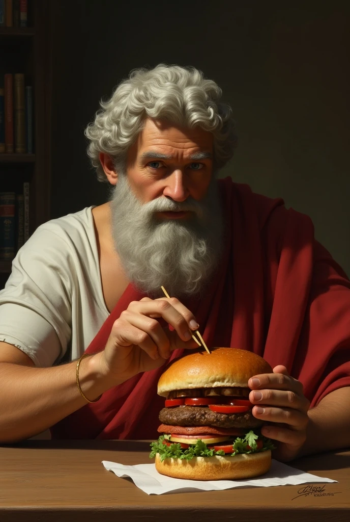 aristotle eating noodles, hamburger and current foods 