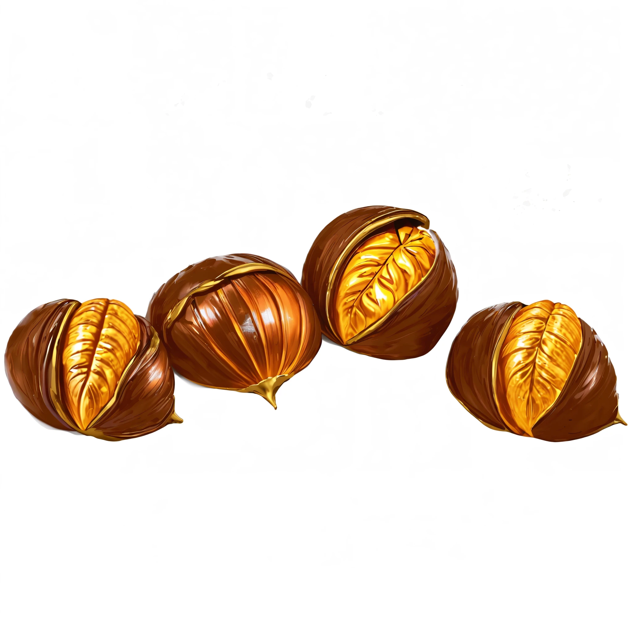 three pieces of chocolate with a leaf on top of them, chocolate art, magnolia goliath head ornaments, chocolate, acorns, pods, very tasty, anna nikonova, highly capsuled, chestnut hair, fairy fruit. octane render, brown and gold, golden and copper shining armor, caramel, by Anna Füssli, oak acorns