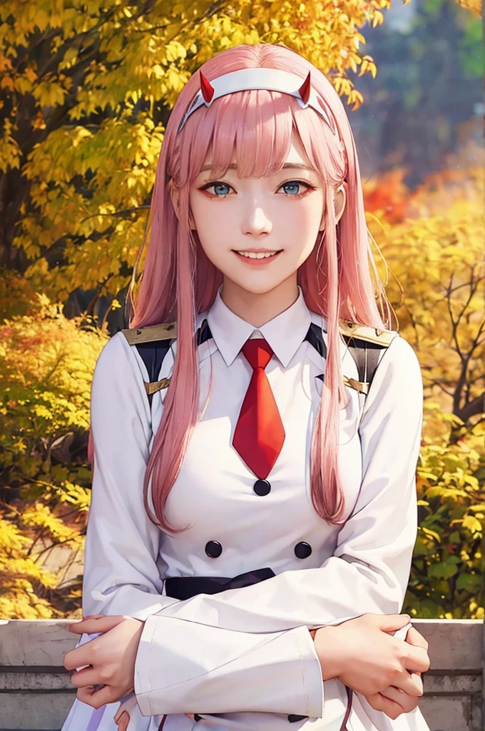 ((masterpiece)), (best quality), official art, extremely detailed CG, unity 8k wallpaper, ultra detailed,
1girl, zero_two, long hair, horns, hairband, white hairband, medium breasts, very long hair, straight hair, red horns, blue eyes,  necktie, uniform, military, military uniform, long sleeves,  (white boots:1.4), black pantyhose,
smile,
outdoors, upper body, 
mountain, autumn leaves, wind, 
sketch lines, sketch, pastel, watercolor, 