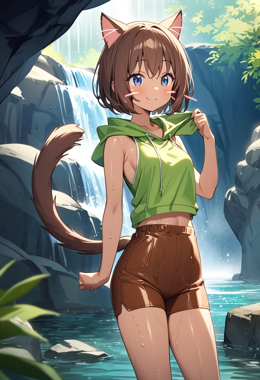 Best Quality、  one girl playing pranks、Slender body、  small breasts、  shiny brown hair 、 3 red whiskers pattern 、  short bob、 Cat ears and tail、 dark blue eyes、light brown skin、Proud look、green hooded traveler's clothes、Brown hot pants、cave、Waterfall water、Wet、smile