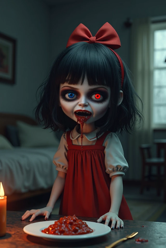 Long black hair. Teal blue eyes, Male, Blue and black frilly gothic clothes, Surrealism, Masterpiece, Shiny, Gloomy effects, 8k, super detail, Shiny, Beautifully detailed, Pretty drawn. Make it a scary doll. He's a doll. Bloody, a scary doll. Scary. He's laying on a bloody bed. 