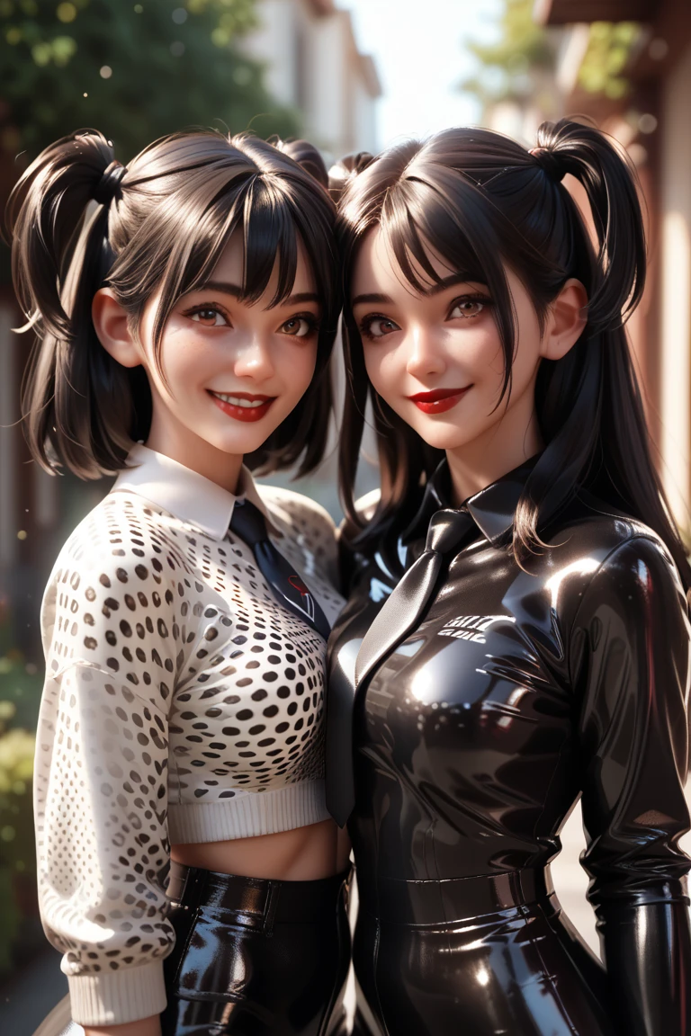 2 girls in extremely tight shiny latex sweatshirt leopard pattern, shiny hair, Breasts, Reflected light, Lens reflection, Make-up, Red lips, smile, Necktie,Two Side Up,  black hair, 