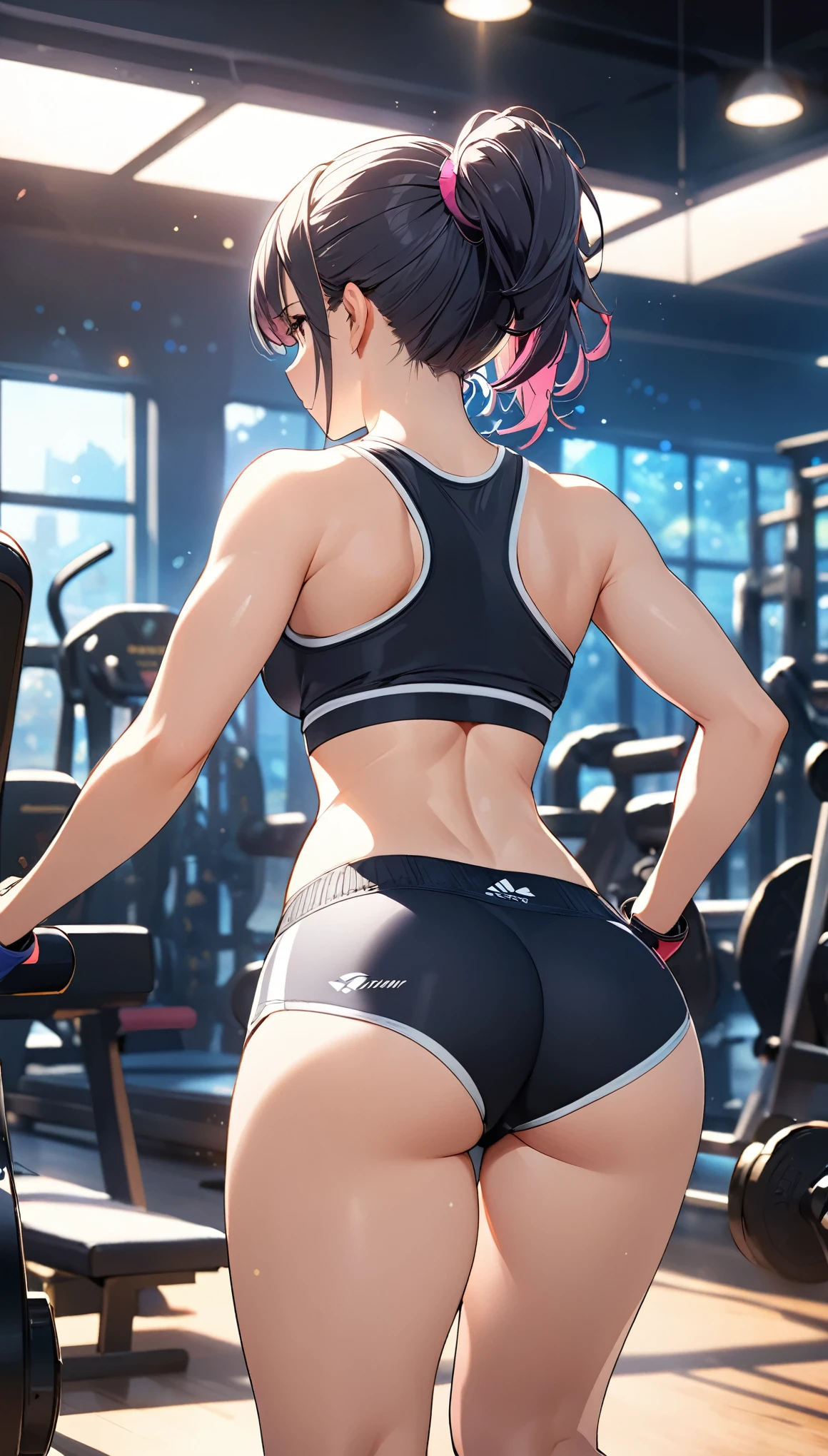  1 girl , Butt:1.2, Rear view,  sportswear, white round neck shirt , workout underwear, Training gym environment, anime:1.2,  intricate detail ,  cinematic lighting ,  bright colors, Soft bokeh background ,  Digital Art ,  concept art style , masterpiece:1.4.