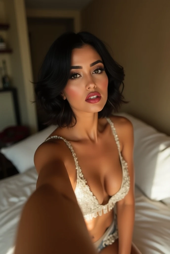 (1 girl:1.2) , (view from above:1.2) ,, (whole body:1.3) , (standing:1.3) , (open mouth:1.3) , (short hair:1.2) , realistic face, very detailed, (absurdres:1.2) , (facing the camera:1.3) , (beauty) , long eyebrows, bochechas, pele rosada, calmo, iluminado, 8k (bikini:1.2) , (black hair:1.2), (brown eyes:1.2), (wavy hair:1.2), (light skin:1.3), (bedroom:1.2) ,