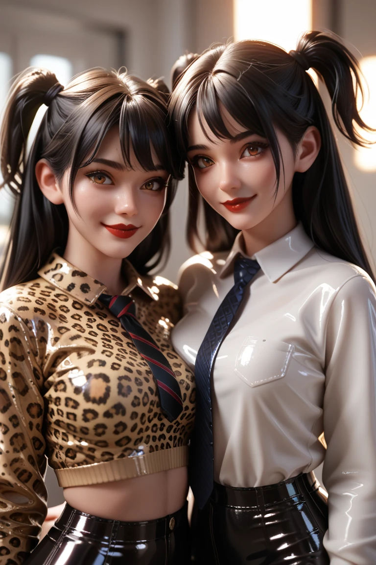  2 girls in extremely tight shiny latex sweatshirt blouse, Leopard pattern , shiny hair, Breasts, Reflected light, Lens reflection, Make-up, Red lips, smile, Necktie,Two Side Up,  black hair, 