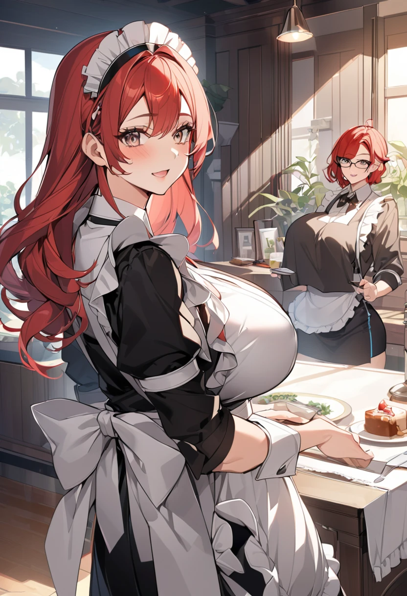  Adult Sneak,Mature girl ,maid,Anime girl,Hinata,Maid outfit,skirt,apron,Long red hair,White eyes, looks gentle , big breasts,Open chest, showing big breasts ,Big butt, high-profile room,เธอยกskirtขึ้นเผยร่างกายส่วนล่าง,Black underwear