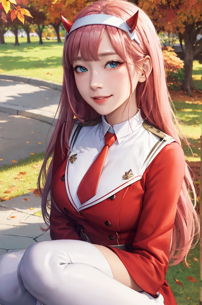 ((masterpiece)), (best quality), official art, extremely detailed CG, unity 8k wallpaper, ultra detailed,
1girl, zero_two, long hair, horns, hairband, white hairband, medium breasts, very long hair, straight hair, red horns, blue eyes,  necktie, uniform, military, military uniform, long sleeves,  (white boots:1.4), black pantyhose,
smile,
outdoors, upper body, 
mountain, autumn leaves, wind, 
sketch lines, sketch, pastel, watercolor, 