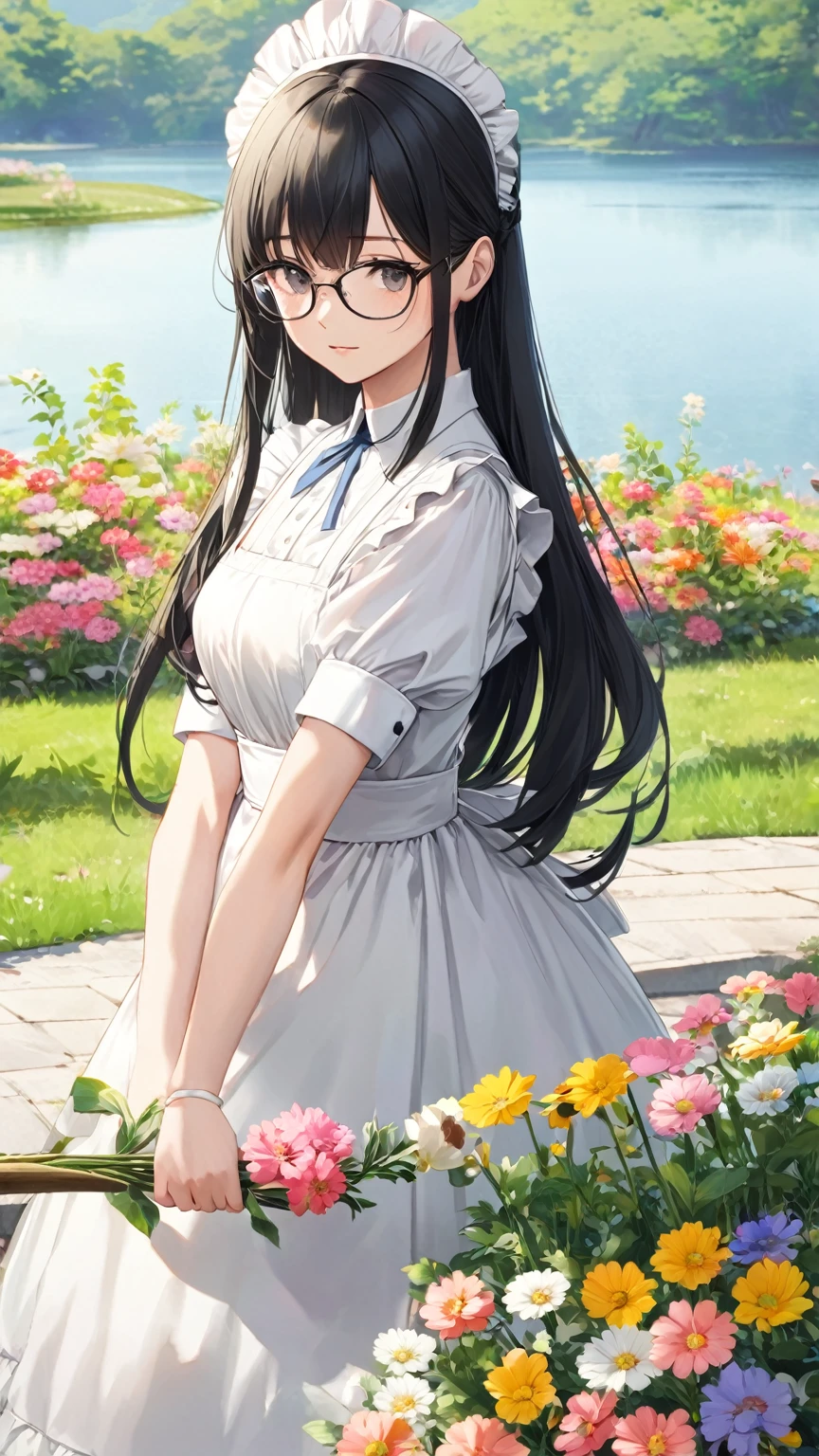  1 girl,Black Hair, long hair,Glasses,  maid clothes,Lake Yamakami ,湖畔の別荘, Caring for flower beds, high resolution on down  , 最高quality, Accurate, 高quality, quality,   very detailed,
