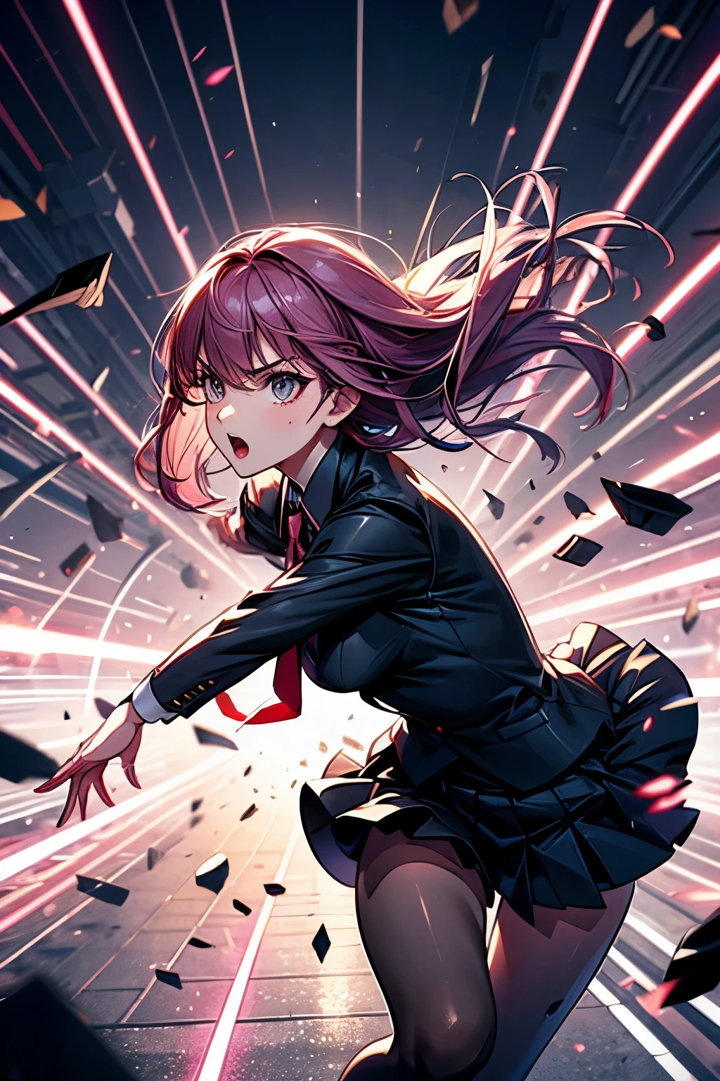 (highest quality:1.2), a 20-years-old girl runs between gunfire, avoiding many beams,decisive resolution, serious face, side view, a photorealistic cute girl, beautiful face, European face,  noble face,  large eyes, beautiful lip,open mouth, Short-cut pink hair, upper body portrait, wearing black business suits, wearing red tie, wearing black skirt.