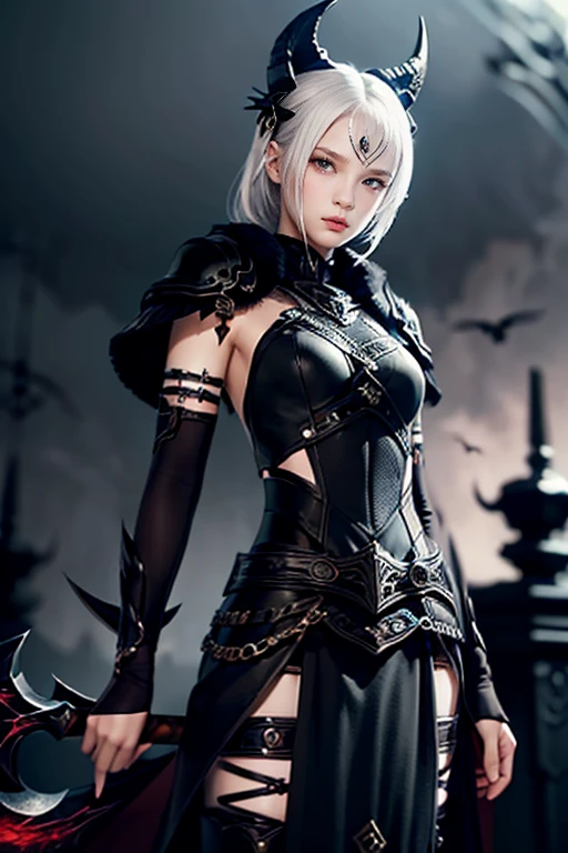 Beauty girl as 2B (White card game Final Fantasy aesthetic style) in ornad elegant tatical fantasy suit, masterpiece, (best quality), (ultra-detailed), gothic_artstyle, Vibrant, sharp focus