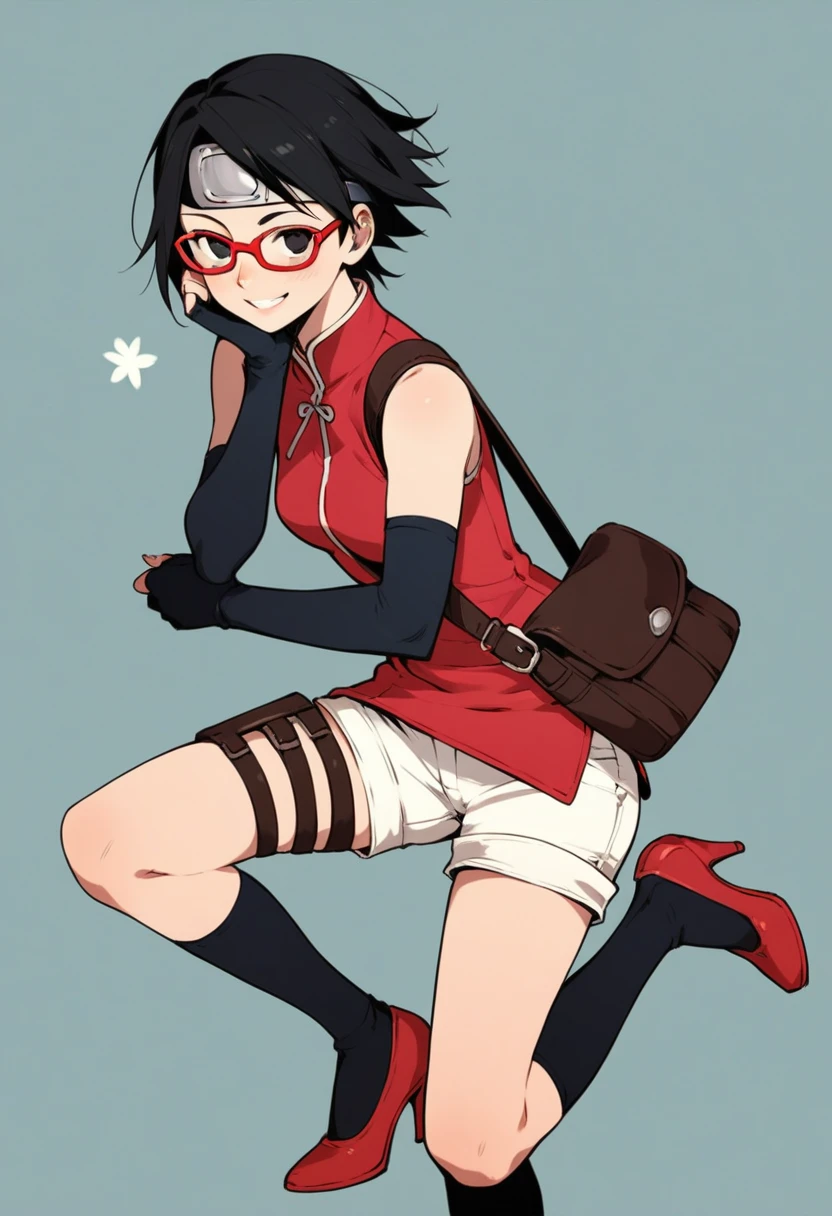 (score_9, score_8_up), score_7_up, zPDXL, Sarada Uchiha, solo, 1girl, black hair, short hair, red framed glasses, glasses, black eyes, red dress, sleeveless, elbow gloves, black gloves, fingerless gloves, white shorts, black socks, thigh holster, high heels, pink bag, smile, looking at viewer, blush, forehead protector, Konohagakure symbol, sunny.